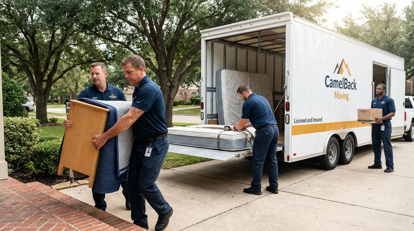 Crew loading residential truck for cross-state move from Elgin, OR