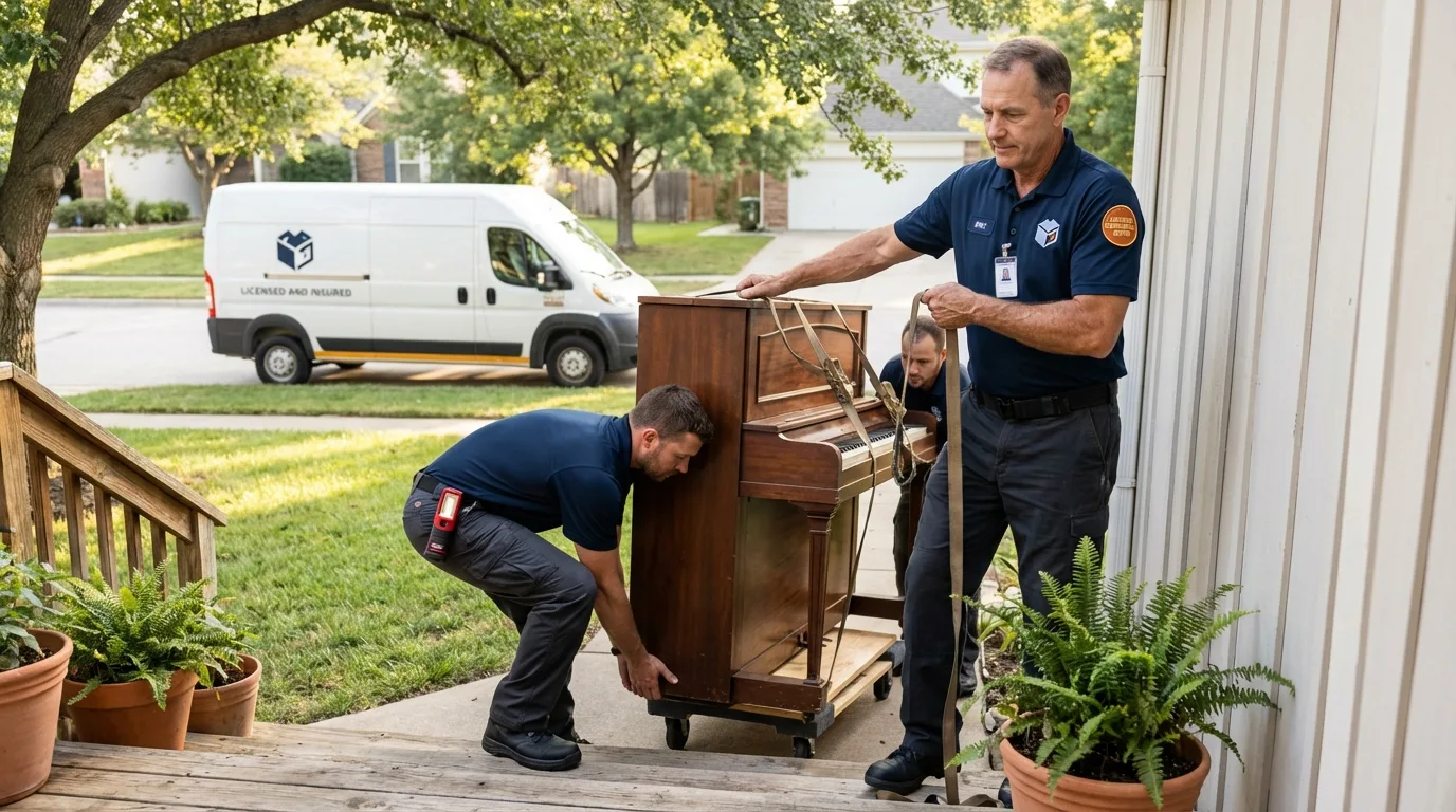 Licensed piano movers securing grand piano in Elgin, OR