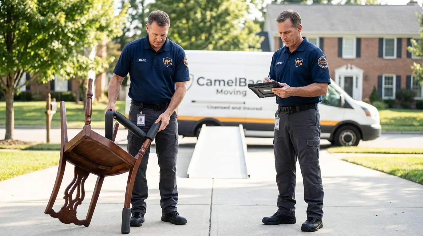 Movers inspecting furniture for damage prevention before loading in Elgin, OR